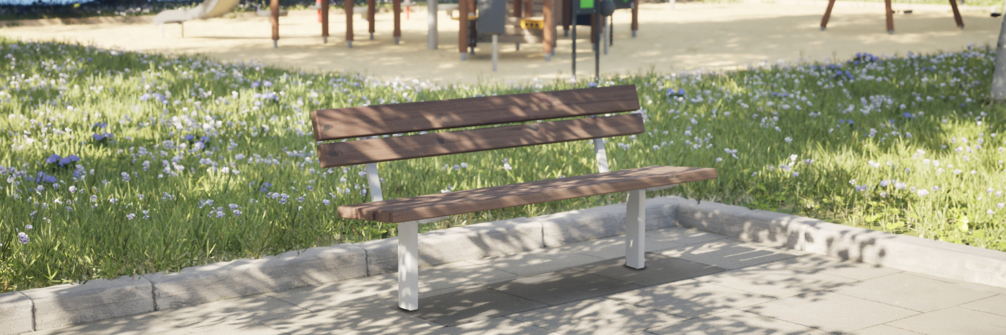 A rendered image of Ekeby Recycled Plastic park bench with backrests, it is dappled with shadows from the trees above.